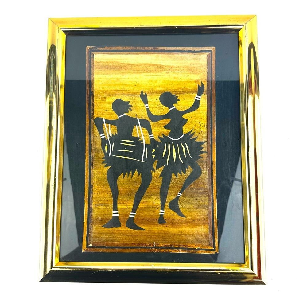 Vintage African Handmade Banana Leaf Tribal Dancing Art Photo in Gold Frame